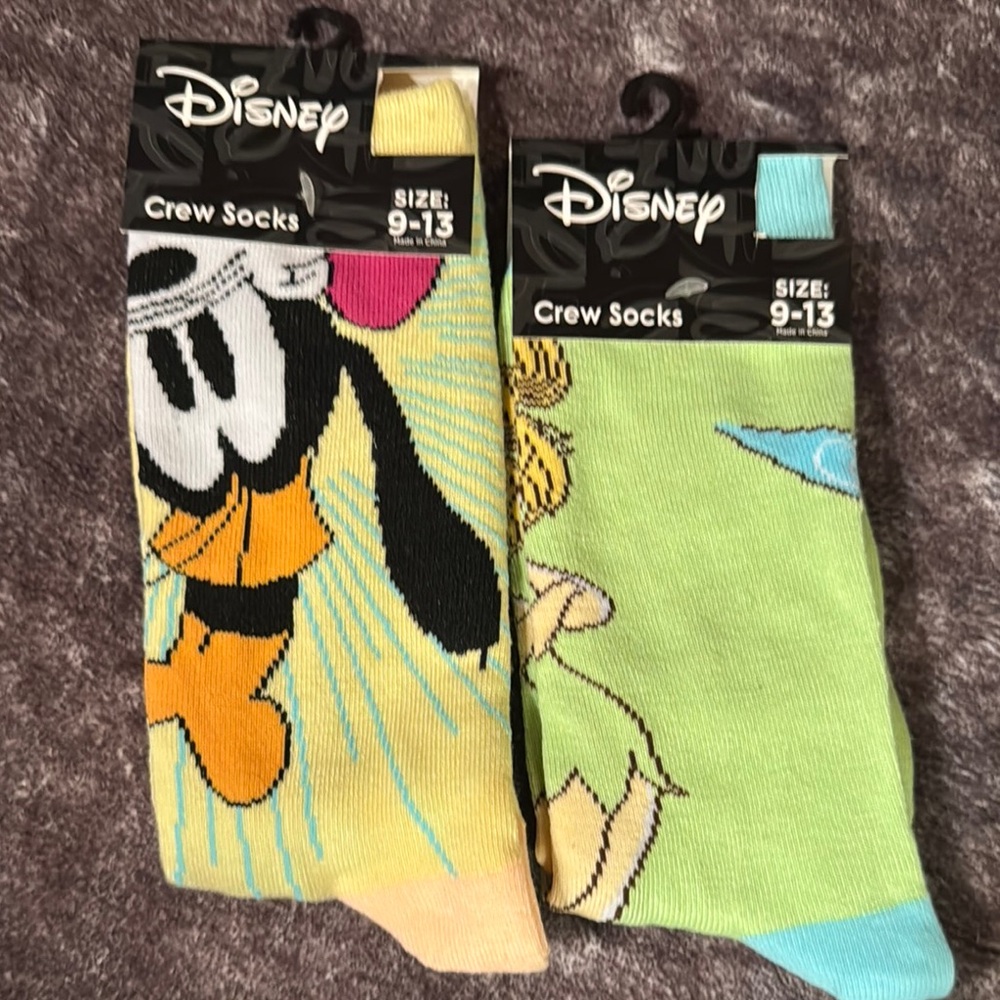 Disney Goofy and Tinkerbell crew socks 2 pairs bundle deal unisex 9-13 adult